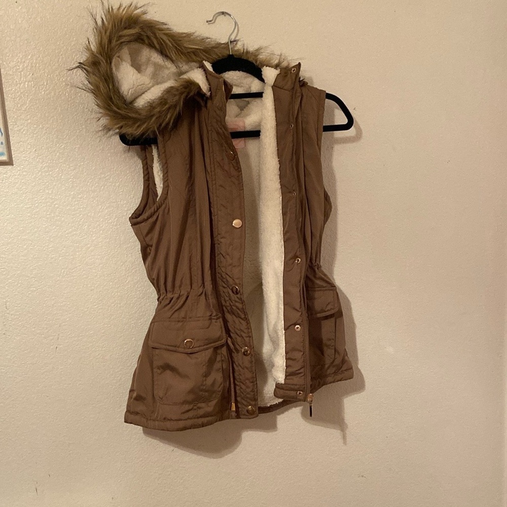 Brown Utility Vest with Faux Fur Collar